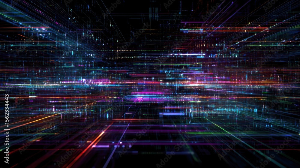 Poster A cybernetic interface background with complex digital data arrays and vibrant neon lines intersecting against a dark, high-tech backdrop.