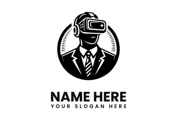 Businessperson immersed in virtual reality, wearing headset and suit, logo design.