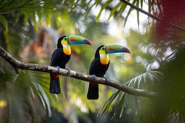 Fototapeta premium Vibrant Toucans Perched on a Branch Amidst Lush Tropical Foliage in a Bright Forest Setting