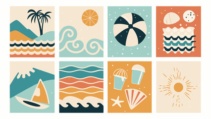 Fototapeta premium Eight Mid- Century Modern Summer Illustrations with Beach Themes