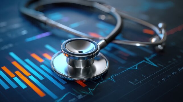 Stethoscope and digital health chart concept. Medical stethoscope on a financial graph, symbolizing healthcare and finance integration.