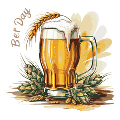 Golden Beer Mug with Wheat and Hops Beer Day Illustration glass yellow