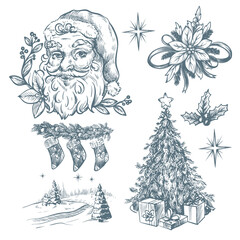 Santa, fir trees and other Christmas elements in toile style isolated. Vector.