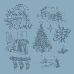 Santa, fir trees and other Christmas elements in toile style isolated. Vector.