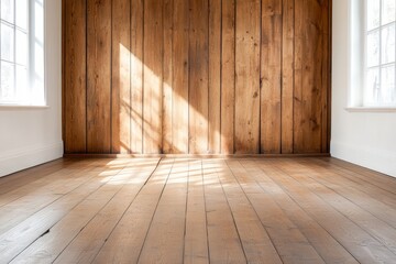 Naklejka premium Bright wooden flooring and a sunlit wall create a warm and inviting atmosphere, Perfect for home dÃ©cor, interior design projects, or as a background for lifestyle photography,