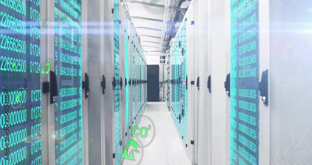 Poster on system startup green eco-icons floating down server aisle showing environmental metrics display