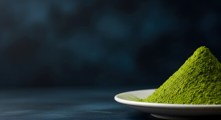 A vibrant green matcha powder on a white plate, exuding freshness and purity. A close-up shot highlighting the texture of the tea leaves, creating a sense of calm and well-being