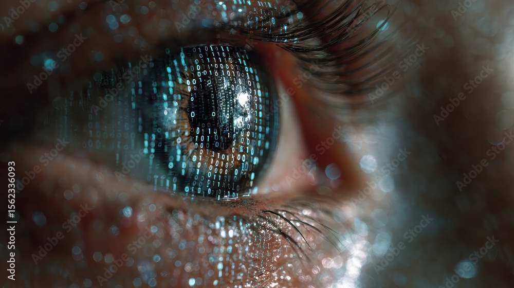 Poster close-up of an eye with binary code patterns illuminating the face, showcasing futuristic technology