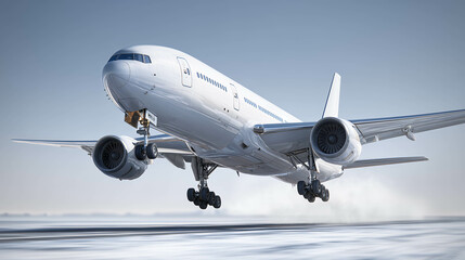 Obraz premium Jetliner Taking Off in Snow, Winter Aircraft Takeoff