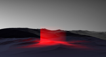 Red neon in the mountains on the rocky surface, abstract landscape of stone cliffs on the horizon of black and white sky with glowing neon,wallpaper.3D render
