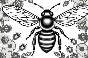 Obraz premium Detailed Bee Illustration in Black and White-Honeybee Art with Floral Elements-Striking Insect Drawing for Nature Lovers-Monochrome Bee Artwork for Print_