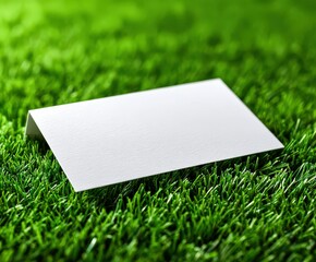 Blank white business card displayed on green grass background