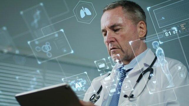 Doctors utilize artificial intelligence with augmented and virtual reality interfaces to diagnose diseases, review X-rays, and suggest treatments with advanced visualization tools. - Powered by Adobe