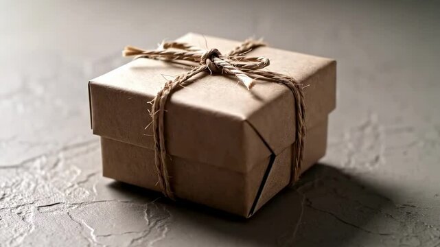 A beautifully wrapped brown gift box tied with twine, resting on a textured surface, evoking feelings of anticipation and celebration, perfect for holiday or special occasion gifting
