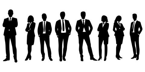 A collection of business professional vector illustrations featuring both men and women in various standing and walking poses. These illustrations include silhouettes and detailed figures dressed in f
