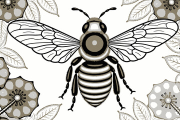 Fototapeta premium Detailed Bee Illustration- Black and White Drawing with Floral Accents- Honeybee Artwork- Intricate Insect Design- Artistic Nature Print