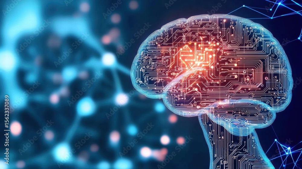 Poster innovative holographic interface or screen holographic projection of a human brain with data streams