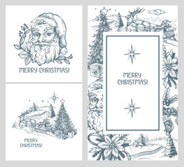 Cards with Santa and other Christmas elements in toile style isolated. Vector.