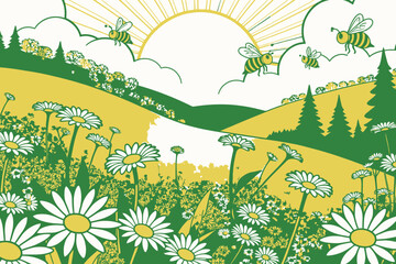 Obraz premium Cartoon Spring Landscape with Daisies and Bees-Sunshine over Meadow-Floral Illustration-Bright and Cheerful-Nature Art-Whimsical Design-Outdoor Scene