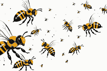 Fototapeta premium Bees in Flight Watercolor Illustration-Honeybee Pattern Design-Honeybee Art Print-Black and Yellow Stripes-Nature Inspired Artwork-Insect Illustration Art_