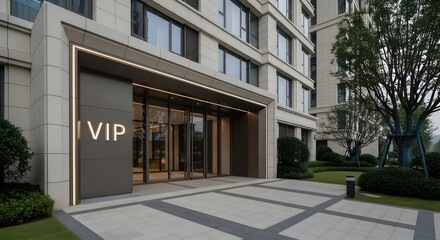 Modern building entrance with a VIP sign and automatic glass doors. Architecture and design concept for luxury residential or business property.