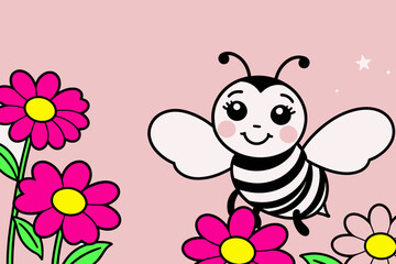 Obraz premium Cute Cartoon Bee Illustration - Fun Character with Flowers and a Pink Background - Whimsical Design for Kids or Creative Projects