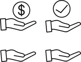 set of hand gestures, Two hands are presenting a dollar coin and a checkmark, respectively.
