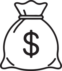 A simple line drawing of a money bag with a dollar sign on it.
