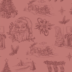Seamless pattern with Santa, fir trees and other Christmas elements in toile style. Vector.
