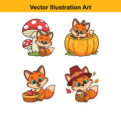 Vector art of cute cartoon foxes with pumpkins, mushrooms, and pie isolated on white background