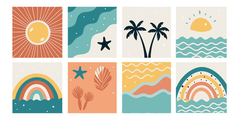 Naklejka premium Minimalist Retro Summer Illustrations Bundle Sun Waves Palm Trees Rainbows Starfish