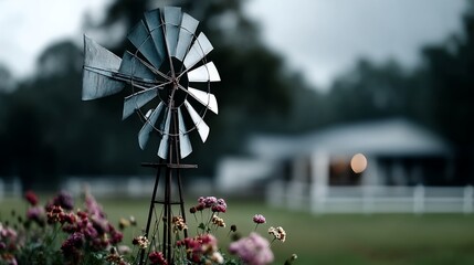 Antique windmill with flowers in front of a blurred house, overcast day