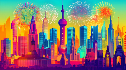 Vibrant cityscape at sunset, fireworks exploding above modern buildings.  Colorful architecture, with various styles, in a dynamic, festive atmosphere