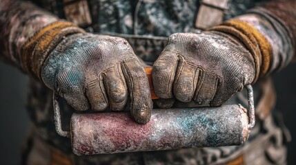 close up of male in gloves holding painting roller, no logos, no brands