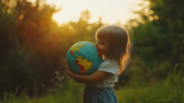 Photograph of a young child holding a blue globe in a sunlit forest setting.