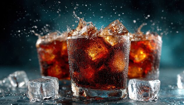 refreshing splash of cola with ice cubes perfect for summer drinks or beverage promotions. High quality
