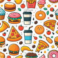 Seamless vector pattern of cute food icons like burger, pizza, coffee, and donuts. Bright colors, flat style, on white background.