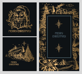 Cards with Santa and other Christmas elements in toile style isolated. Vector.