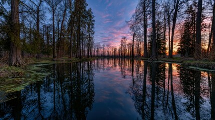 Serene pond reflects colorful sky at sunset in the swamp