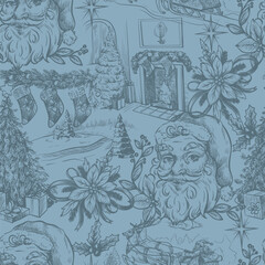Seamless pattern with Santa, fir trees and other Christmas elements in toile style. Vector.