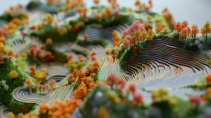 Detailed, stylized,  terraced landscape, autumnal colors,  miniature,  mountainous,  lush greenery,  forest,  layered,  ripples,  detailed