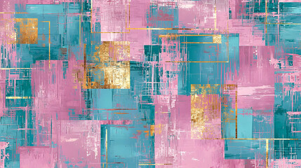 Abstract art featuring textured squares in teal, pink, and gold.  Intricate brushstrokes and geometric shapes create a dynamic and vibrant pattern