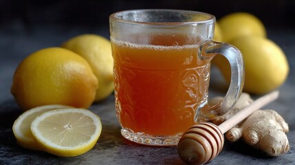 Hot lemon ginger tea with honey in glass mug surrounded by fresh ingredients. Lemon Ginger Detox Tea