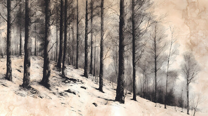 Obraz premium book cover for nature essay | resistance of ancient bark | melancholic silence | snow grey with ink haze | diagonal treeline cut | frozen undergrowth | moss-like texture rendering | dry brush