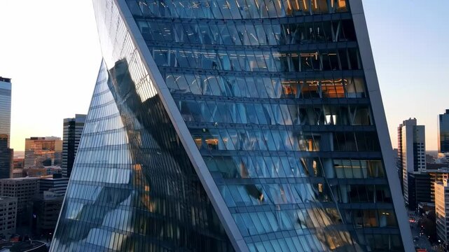A stunning architectural marvel showcasing a modern glass building with unique angles reflecting the sunset, surrounded by a bustling urban environment filled with cars and city life