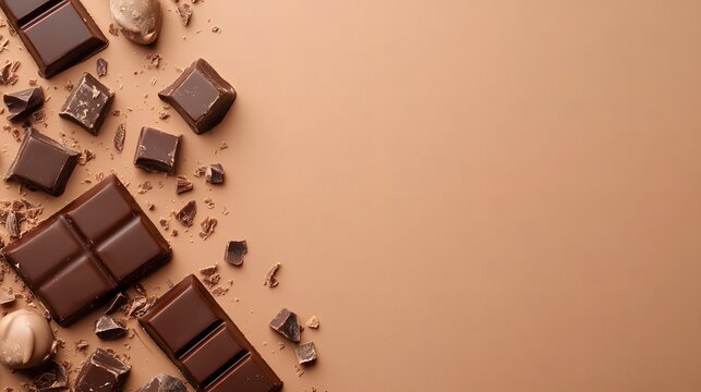 Photograph of chocolate bars and shards arranged on a beige background.