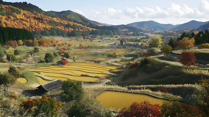 Autumnal valley with terraced rice paddies, vibrant fall foliage, and a picturesque village nestled in the hills