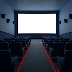 Fototapeta premium Empty movie theater auditorium with large blank screen, rows of dark blue seats, and red aisle lighting.