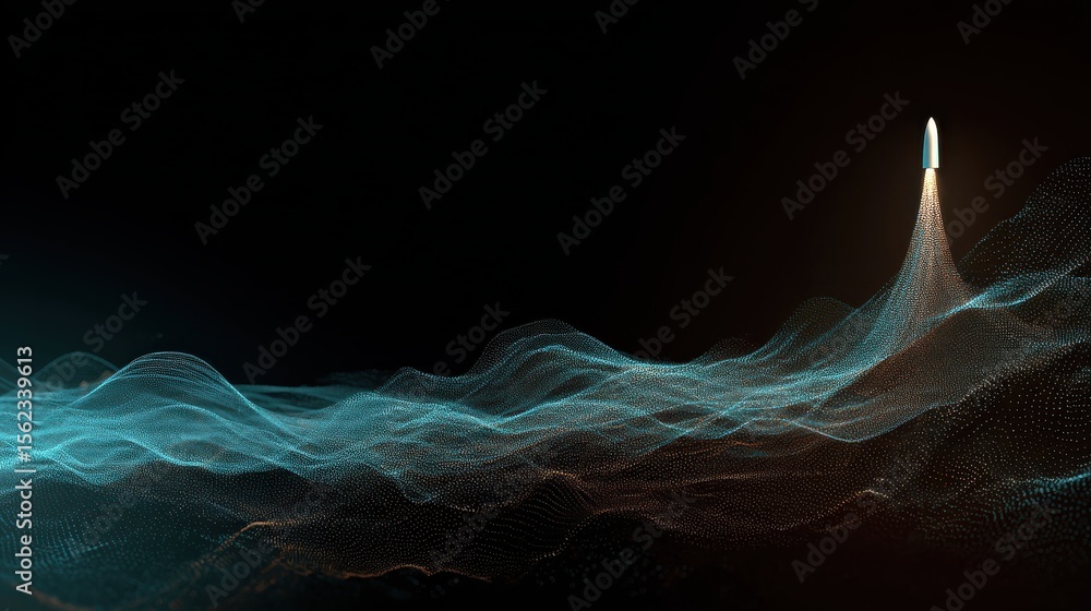 Poster digital rocket launching through abstract data waves