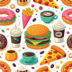 Seamless vector pattern of cute food icons like burger, pizza, coffee, and donuts. Bright colors, flat style, on white background.